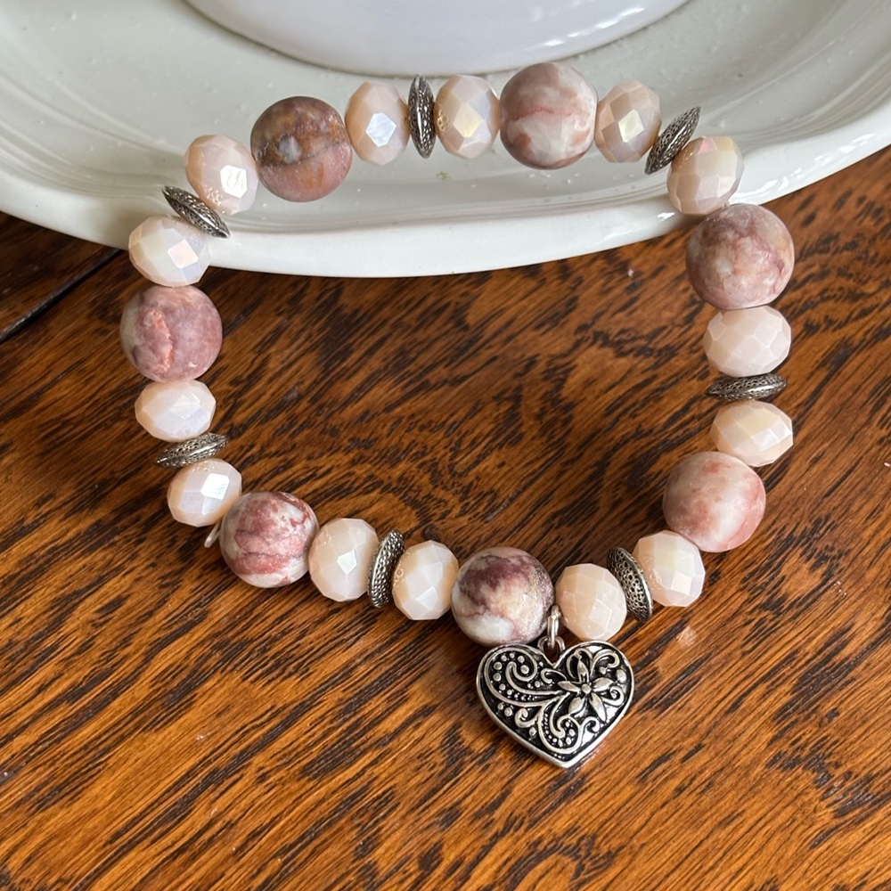 Silver Heart Charm Bracelet with Pink Jasper and Cream Beads